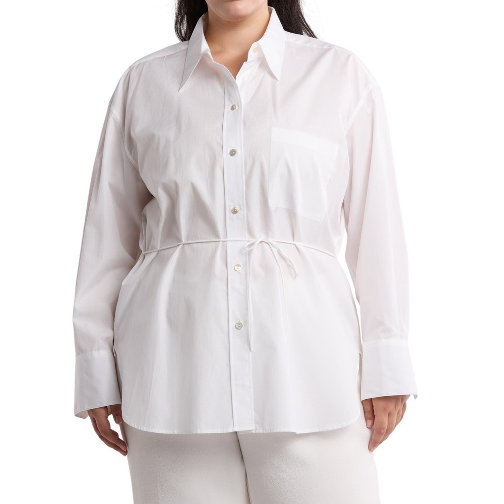 VINCE 100% Cotton Button-Up Shirt 2X White Tie-Waist Minimalist Classic Office